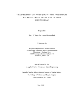 The Development of a Water Quality Model for Baltimore Harbor, Back River, and the Adjacent Upper Chesapeake Bay