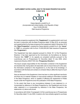 Cassa Depositi E Prestiti S.P.A. (Incorporated with Limited Liability in the Republic of Italy) Euro 10,000,000,000 Debt Issuance Programme