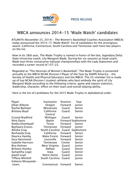 WBCA Announces 2014-15 'Wade Watch' Candidates