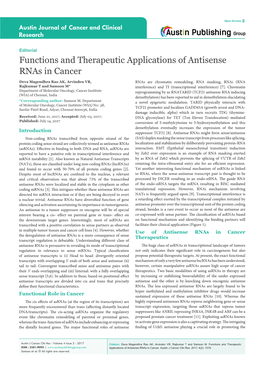 Functions and Therapeutic Applications of Antisense Rnas in Cancer