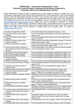 Shared Use Footways/Cycle Tracks Bickenhill, Castle Bromwich, Chelmsley Wood Elmdon, Kingshurst & Fordbridge, Silhill and St Alphege Wards, Solihull