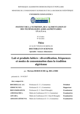 Lait Et Produits Laitiers : Diversification, Fréquences Et Modes De Consommation Dans La Tradition Algérienne