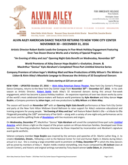 Alvin Ailey American Dance Theater Returns to New York City Center November 30 – December 31, 2016