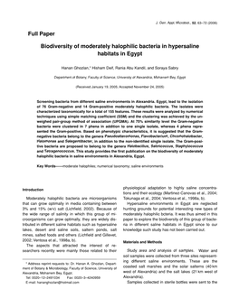 Biodiversity of Moderately Halophilic Bacteria in Hypersaline Habitats in Egypt