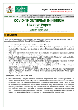 COVID-19 OUTBREAK in NIGERIA Situation Report