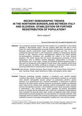 Recent Demographic Trends in the Northern Borderland Between Italy and Slovenia: Stabilization Or Further Redistribution of Population?