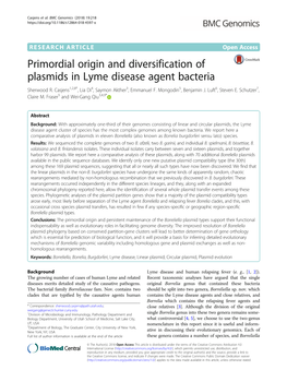Primordial Origin and Diversification of Plasmids in Lyme Disease Agent Bacteria Sherwood R