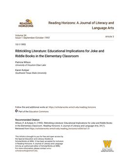 Ribtickling Literature: Educational Implications for Joke and Riddle Books in the Elementary Classroom