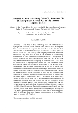 Influence of Diets Containing Olive Oil, Sunflower Oil Or Hydrogenated Coconut Oil on the Immune Response of Mice