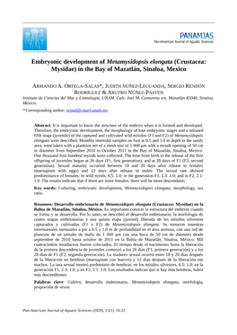 Embryonic Development of Metamysidopsis Elongata (Crustacea: Mysidae) in the Bay of Mazatlán, Sinaloa, Mexico