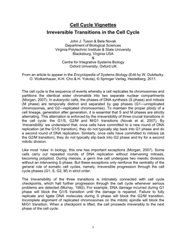 Cell Cycle Vignettes Irreversible Transitions in the Cell Cycle