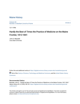 Hardly the Best of Times the Practice of Medicine on the Maine Frontier, 1812-1841