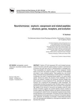 Neurohormones: Oxytocin, Vasopressin and Related Peptides – Structure, Genes, Receptors, and Evolution