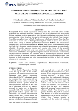 Review of Some Euphorbiaceae Plants in Usada Taru Pramana and Its Pharmacological Activities