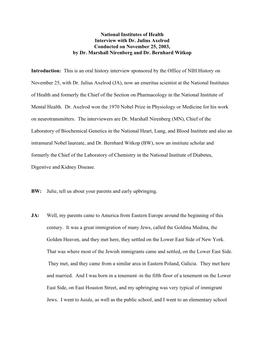 National Institutes of Health Interview with Dr. Julius Axelrod Conducted on November 25, 2003, by Dr