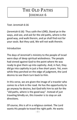 The Old Paths Jeremiah 6