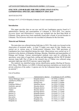 One New and 88 Rare for the Lithuanian Fauna Lepidoptera Species, Recorded in 2018–2019