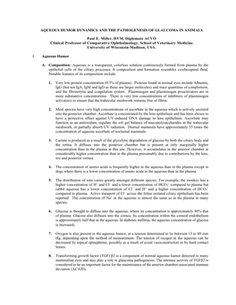 AQUEOUS HUMOR DYNAMICS and the PATHOGENESIS of GLAUCOMA in ANIMALS Paul E. Miller, DVM, Diplomate ACVO Clinical Professor Of