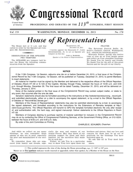 Congressional Record United States Th of America PROCEEDINGS and DEBATES of the 113 CONGRESS, FIRST SESSION