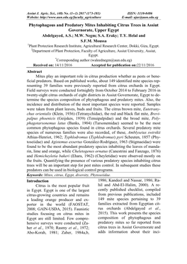 Phytophagous and Predatory Mites Inhabiting Citrus Trees in Assiut Governorate, Upper Egypt Abdelgayed, A.S.; M.W