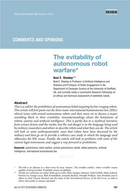 The Evitability of Autonomous Robot Warfare* Noel E