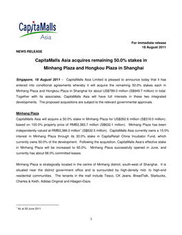 Capitamalls Asia Acquires Remaining 50.0% Stakes in Minhang Plaza and Hongkou Plaza in Shanghai