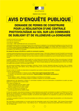 Demande De Permis De Construire Pour La Réalisation D’Une Centrale Photovoltaïque Au Sol Sur Les Communes De Subligny Et De Villeneuve-La-Dondagre