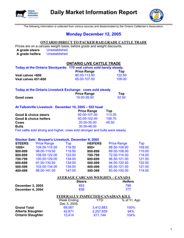 Ontario Cattlemen's Association Daily Market Report