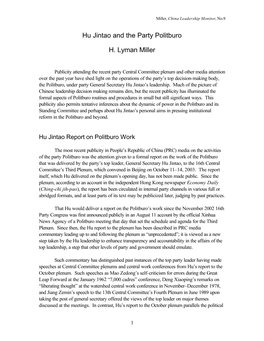 Hu Jintao and the Party Politburo H. Lyman Miller