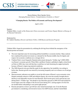 Russia Balance Sheet Speaker Series Emerging Russian Futures: Transformation, Evolution, Or Stasis?