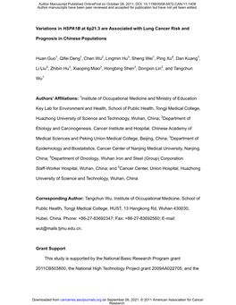 Variations in HSPA1B at 6P21.3 Are Associated with Lung Cancer Risk And