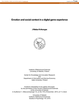Emotion and Social Context in a Digital Game Experience