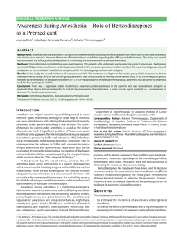 Awareness During Anesthesia—Role of Benzodiazepines As a Premedicant Ananda Bhat1, Balajibabu Perumala Ramanna2, Ashwini Thimmarayappa3