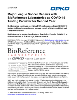 Major League Soccer Renews with Bioreference Laboratories As COVID-19 Testing Provider for Second Year