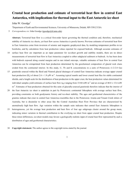 Crustal Heat Production and Estimate of Terrestrial Heat Flow in Central East Antarctica, with Implications for Thermal Input to the East Antarctic Ice Sheet John W