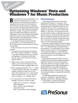 Optimizing Windows® Vista and Windows 7 for Music Production