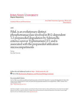 Pdul Is an Evolutionary Distinct Phosphotransacylase Involved in B12-Dependent 1,2-Propanediol Degradation by Salmonella Enteric
