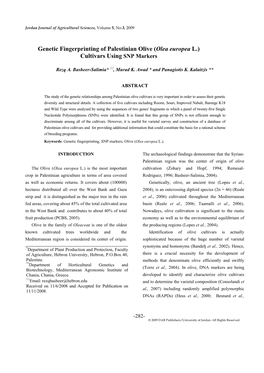 Genetic Fingerprinting of Palestinian Olive (Olea Europea L.) Cultivars Using SNP Markers