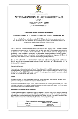 AUTORIDAD NACIONAL DE LICENCIAS AMBIENTALES - ANLA – RESOLUCIÓN N° 02033 ( 13 De Noviembre De 2018 )