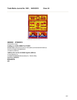 Trade Marks Journal No: 1891 , 04/03/2019 Class 34