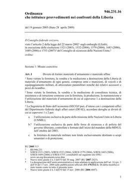 Ordinanza Che Istituisce Provvedimenti Nei Confronti Della Liberia Del 19 Gennaio 2005 (Stato 28 Aprile 2009)