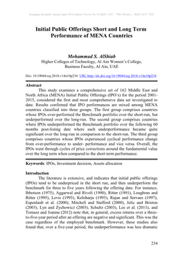 Initial Public Offerings Short and Long Term Performance of MENA Countries