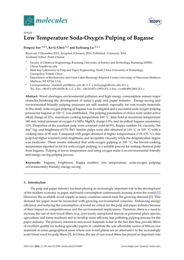 Low Temperature Soda-Oxygen Pulping of Bagasse