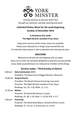 Cathedral Notice Sheet for the Week Beginning Sunday 15 December 2019