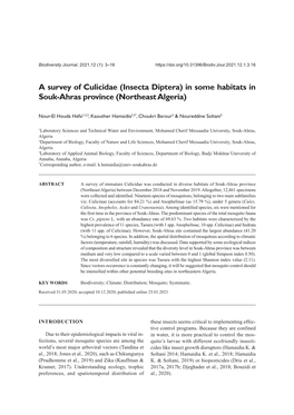 A Survey of Culicidae (Insecta Diptera) in Some Habitats in Souk-Ahras Province (Northeast Algeria)