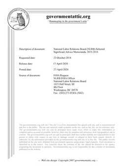 National Labor Relations Board (NLRB) Selected Significant Advice Memoranda, 2015-2016