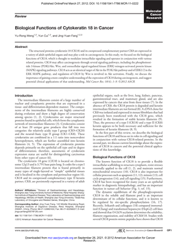 Biological Functions of Cytokeratin 18 in Cancer