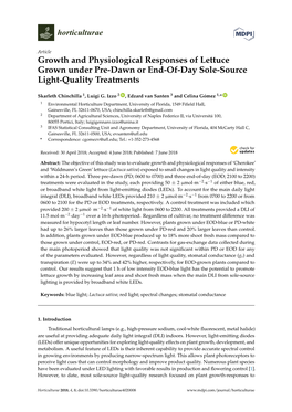 Growth and Physiological Responses of Lettuce Grown Under Pre-Dawn Or End-Of-Day Sole-Source Light-Quality Treatments