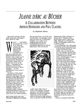 Jeanne Di1rc Au Bucher a Collaboration Between Arthur Honegger and Paul Claudel