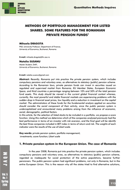 Methods of Portfolio Management for Listed Shares. Some Features for the Romanian Private Pension Funds1